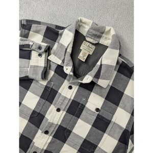 LL Bean Mens Fleece Lined Flannel Shirt Buffalo Plaid Black White Gray L 511550